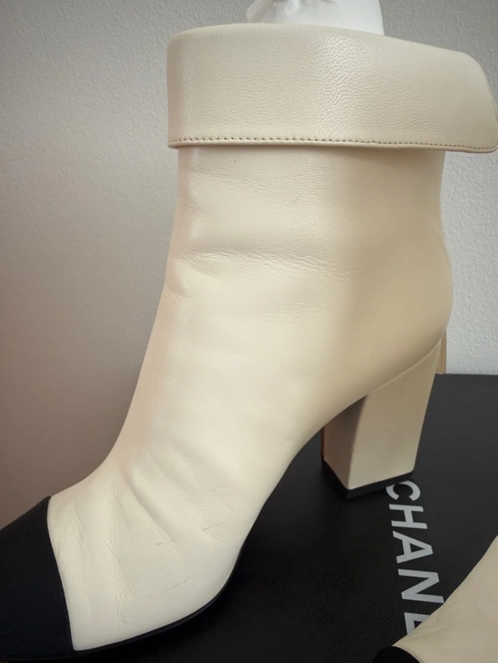 CHANEL White Leather Ankle Boots with Black Cap Toe - Picture 3 of 10
